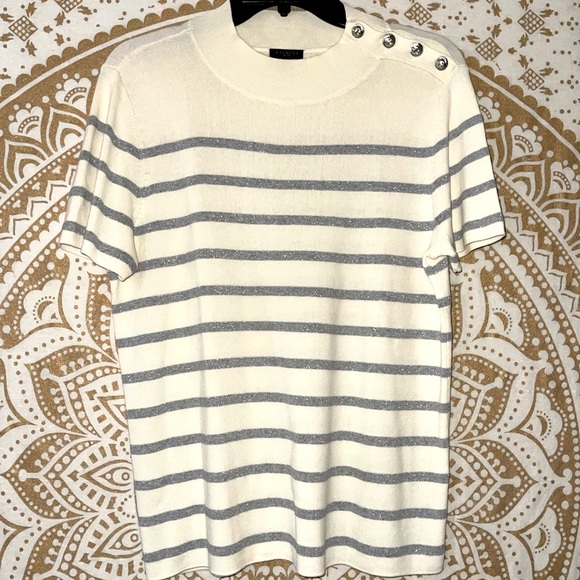 Talbots Sweaters - ✨HP✨ TALBOTS WHITE & GRAY STRIPED SHORT SLEEVED ROUND NECK SWEATER, SIZE LP